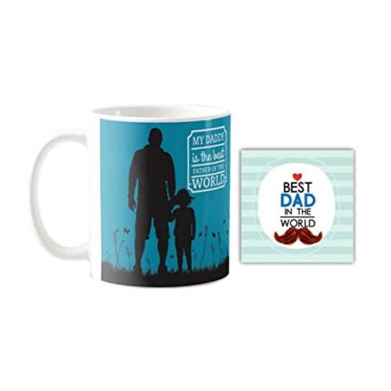 Giftsmate Fathers Day Gifts for Dad My Dad Is The Best Father Of The World Gift Set of 4 - Mug, Cushion Cover, Coaster,Keychain - Image 1