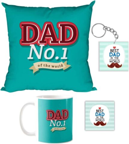Giftsmate Fathers Day Gifts for Dad No.1 Of The World Gift Set of 4 - Mug, Cushion Cover, Coaster,Keychain - Image 1