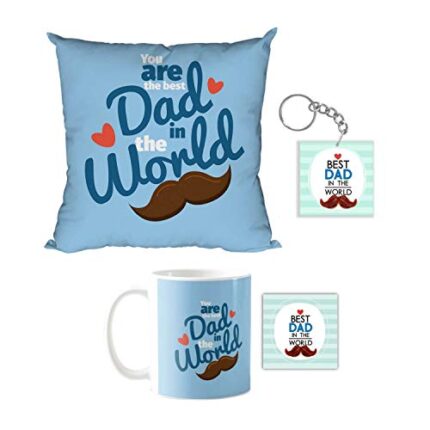 Giftsmate Fathers Day Gifts for Dad You Are The Best Dad In The World Gift Set of 4 - Mug, Cushion Cover, Coaster,Keychain - Image 1