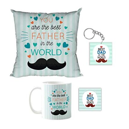 Giftsmate Fathers Day Gifts for Dad You Are The Best Father In The World Gift Set of 4 - Mug, Cushion Cover, Coaster,Keychain - Image 1