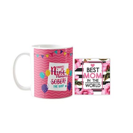 Giftsmate Funny Congrats New Mom 9 Months Sober Mother's day Gifts - Combo Hamper Set of 2 - Mug, Coaster - Image 1