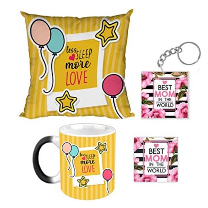 Giftsmate Mother's day Gift sFor- New Mom Less Sleep More Love Gift Combo Hamper Set of 4 - Mug, Coaster,Keychain, Cushion Cover 12x12 - Image 1