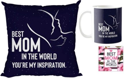 Giftsmate Mother's day Gifts for Mom - Best Mom In The World Gift Combo Hamper Set of 3 - Mug, Coaster, Cushion Cover 12x12 - Image 1