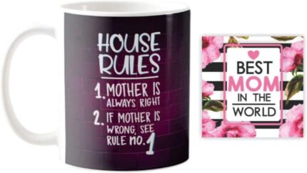 Giftsmate Mother's day Gifts for Mom - House Rules Gift Combo Hamper Set of 2 - Mug, Coaster - Image 1