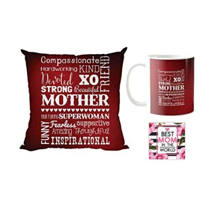 Giftsmate Mother's day Gifts for Mom - Strong Beautiful Mother Wordart Gift Combo Hamper Set of 3 - Mug, Coaster, Cushion Cover 12x12 - Image 1