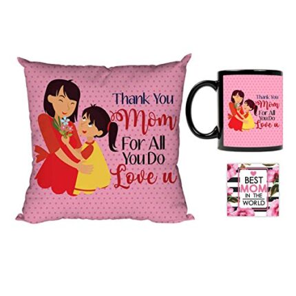 Giftsmate Mother's day Gifts for Mom - Thank You Mom For All You Do Love U Gift Combo Hamper Set of 3 - Mug, Coaster, Cushion Cover 12x12 - Image 1