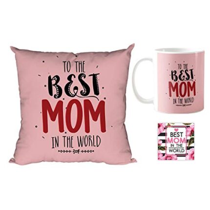 Giftsmate Mother's day Gifts for Mom - To The Best Mom In The World Gift Combo Hamper Set of 3 - Mug, Coaster, Cushion Cover 12x12 - Image 1