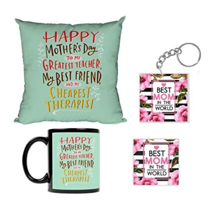 Giftsmate Mother's day Gifts for Mom - To The Best Mom In The World Gift Combo Hamper Set of 4 - Mug, Coaster,Keychain, Cushion Cover 12x12 - Image 1