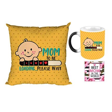 Giftsmate Mother's day Gifts for New - Mom To Be Loading Please Wait Gift Combo Hamper Set of 3 - Mug, Coaster, Cushion Cover 12x12