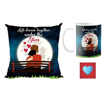 Giftsmate Valentine Gift Combo for Girlfriend Lets Dream Together Under Stars Cushion Cover, Mug, Coaster - Image 1
