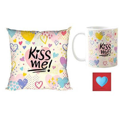 Giftsmate Valentine Gift Combo for Girlfriend Wife Kiss Me Cushion Cover, Mug, Coaster - Image 1