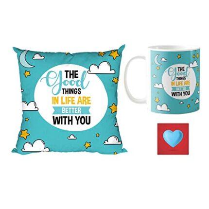 Giftsmate Valentine Gift Combo for Husband Wife Good Things in Life are Better With You Cushion Cover, Mug, Coaster - Image 1