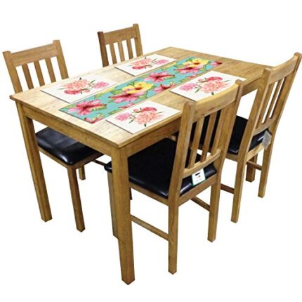TheYaYaCafe 4 Table Mats And Runner Set For Dining Table (1 Table Runner Leatherite 12X48 Inches, 4 Cotton Table Placemats) Floral Flower Captivating Name Printed - Image 1