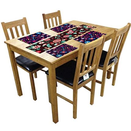 TheYaYaCafe 4 Table Mats And Runner Set For Dining Table (1 Table Runner Leatherite 12X48 Inches, 4 Cotton Table Placemats) Floral Flower Admirable Printed - Image 1