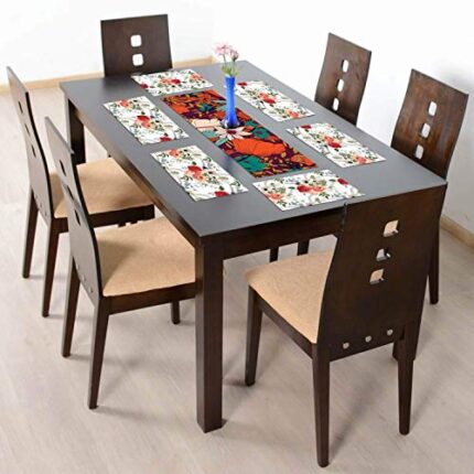 TheYaYaCafe 6 Table Mats And Runner Set For Dining Table (1 Table Runner Leatherite 12X48 Inches, 6 Cotton Table Placemats) Floral Flower Sightly Printed - Image 1