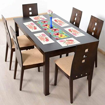 TheYaYaCafe 6 Table Mats And Runner Set For Dining Table (1 Table Runner Leatherite 12X48 Inches, 6 Cotton Table Placemats) Floral Flower Captivating Name Printed - Image 1