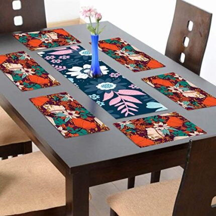 TheYaYaCafe 6 Table Mats And Runner Set For Dining Table (1 Table Runner Leatherite 12X48 Inches, 6 Cotton Table Placemats) Floral Flower Splendid Wonderful Printed - Image 1