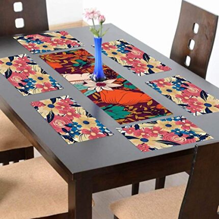 TheYaYaCafe 6 Table Mats And Runner Set For Dining Table (1 Table Runner Leatherite 12X48 Inches, 6 Cotton Table Placemats) Floral Flower Sightly Marvelous Printed - Image 1