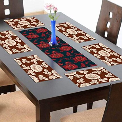 TheYaYaCafe 6 Table Mats And Runner Set For Dining Table (1 Table Runner Leatherite 12X48 Inches, 6 Cotton Table Placemats) Floral Flower Red Rose Printed - Image 1