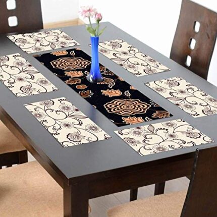 TheYaYaCafe 6 Table Mats And Runner Set For Dining Table (1 Table Runner Leatherite 12X48 Inches, 6 Cotton Table Placemats) Floral Flower Beauteous Snapdragon Printed - Image 1
