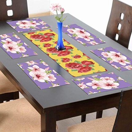 TheYaYaCafe 6 Table Mats And Runner Set For Dining Table (1 Table Runner Leatherite 12X48 Inches, 6 Cotton Table Placemats) Floral Flower Sightly Printed - Image 1