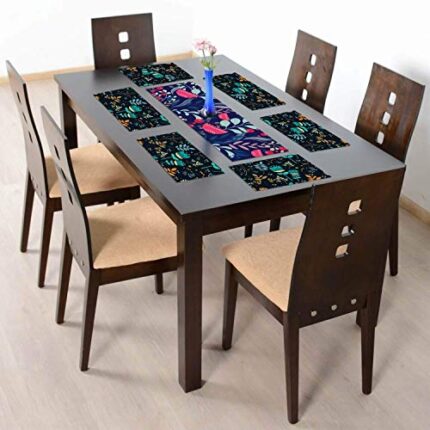 TheYaYaCafe 6 Table Mats And Runner Set For Dining Table (1 Table Runner Leatherite 12X48 Inches, 6 Cotton Table Placemats) Floral Flower Fetching Printed - Image 1