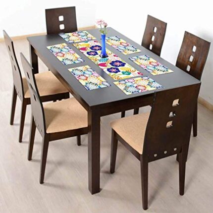 TheYaYaCafe 6 Table Mats And Runner Set For Dining Table (1 Table Runner Leatherite 12X48 Inches, 6 Cotton Table Placemats) Floral Flower Gorgeous Printed - Image 1