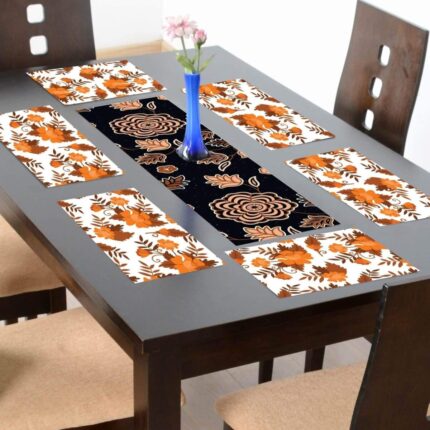 TheYaYaCafe 6 Table Mats And Runner Set For Dining Table (1 Table Runner Leatherite 12X48 Inches, 6 Cotton Table Placemats) Floral Flower Exquisite Shapely Printed - Image 1