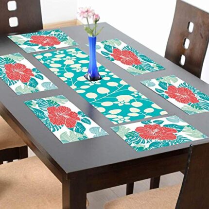 TheYaYaCafe 6 Table Mats And Runner Set For Dining Table (1 Table Runner Leatherite 12X48 Inches, 6 Cotton Table Placemats) Floral Flower Resplendent Taking Printed - Image 1