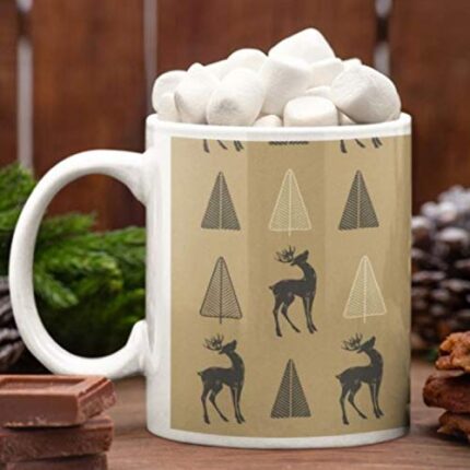 TheYaYaCafe Christmas Gifts Coffee Mug, 330 ml with Coaster - Reindeer Xmas Tree - Image 1