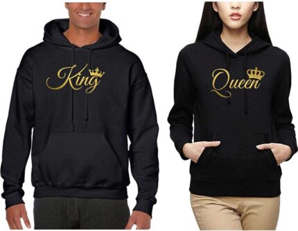 TheYaYaCafe King Queen Couple Cotton Fleece Sweatshirt Hoodies for Men and Women, Black, Men M Women S-Combo of 2 - Image 1