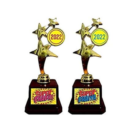 TheYaYaCafe Rakhi Gifts for Brother Bhaiya Bhabhi Combo, Super Bhaiya Bhabhi Trophy Award with Rakhi Roli Tika Set of 4 - Star Golden - Image 1