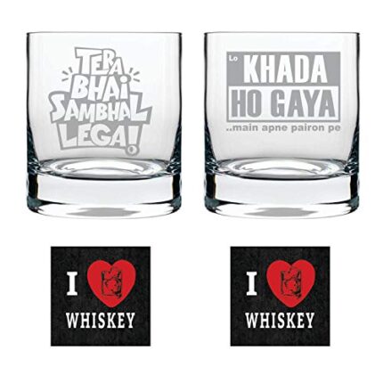 TheYaYaCafe Tera Bhai Sambhal Lega Lo Khada Hogya Main Apne Pairon Pe Hindi Engraved Whiskey Glass Set Of 2 With Coaster - 325 Ml - Image 1