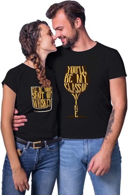 TheYaYaCafe Valentine Couple T Shirts Printed Shot of Whiskey Glass of Wine Men Women Premium Cotton Black - Men M Women S - Image 1