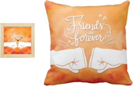 TheYaYaCafe Yaya Cafe Birthday, Friends Forever Best Friends 20x20 inches Cotton Cushion Cover with 6x6 inches Desk Clock Set of 2 Orange - Image 1