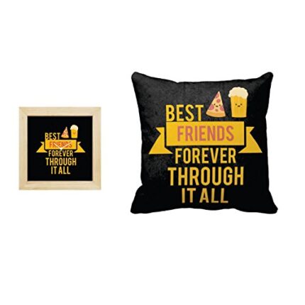 TheYaYaCafe Yaya Cafe Birthday, Pizza and Popcorn Best Friends 12x12 inches Cotton Cushion Cover with 6x6 inches Desk Clock Set of 2 Black