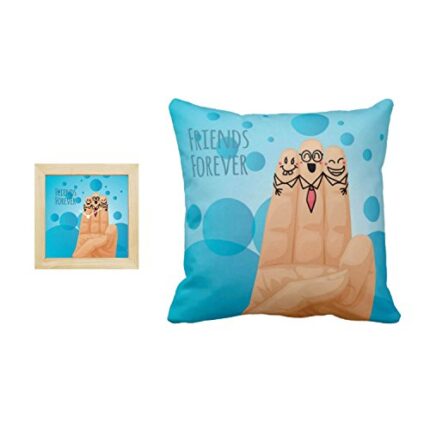 TheYaYaCafe Yaya Cafe Birthday, Smiley Friends Forever Best Friends 12x12 inches Cotton Cushion Cover with 6x6 inches Desk Clock Set of 2 Blue - Image 1