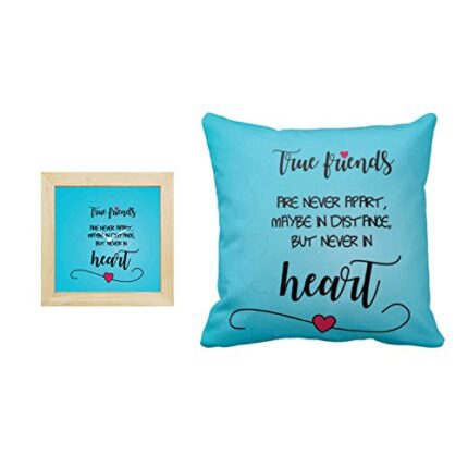 TheYaYaCafe Yaya Cafe Birthday, True Friends Together in Heart 16x16 inches Cotton Cushion Cover with 6x6 inches Desk Clock Set of 2 Blue - Image 1