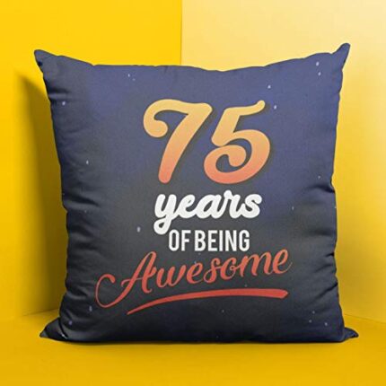 TheYaYaCafe Yaya Cafe Canvas Cotton 75th Birthday 75 Years of Being Awesome Printed Cushion Cover (Blue, 12 X 12 inch) - Image 1