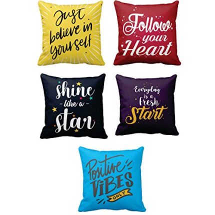 TheYaYaCafe Yaya Cafe Just Beilieve in Your Self Motivational Quotes Printed Canvas Cotton Cushion Covers Home Sofa, 16x16 inches, Multicolour -Set of 5 - Image 1