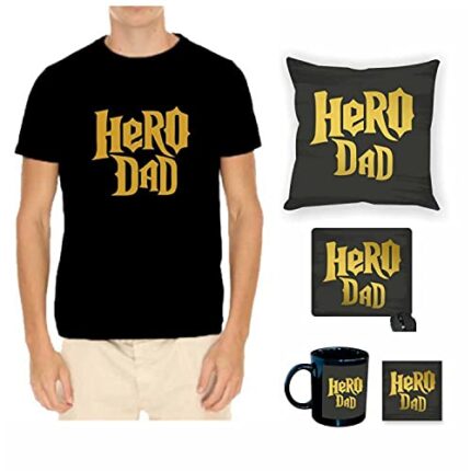 TheYaYaCafe Yaya Cafe My Dad is My Hero Combo Hamper for Dad Set of 5 - Dad T-Shirt, Mug, Coaster, Mousepad, Cushion Cover - Image 1