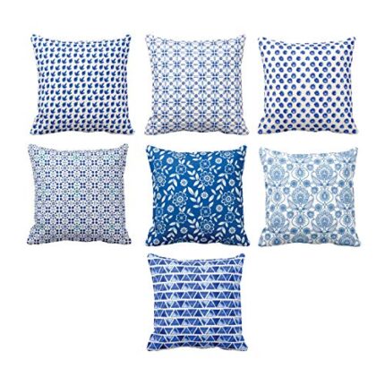 TheYaYaCafe Yaya Cafe Pleasing Indigo Printed Canvas Cotton Cushion Cover (24 x 24 Inch, Blue) - Set of 7 - Image 1