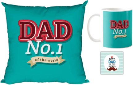 Giftsmate Fathers Day Gifts for Dad No.1 Of The World Gift Set of 4 - Mug, Cushion Cover, Coaster,Keychain - Image 7