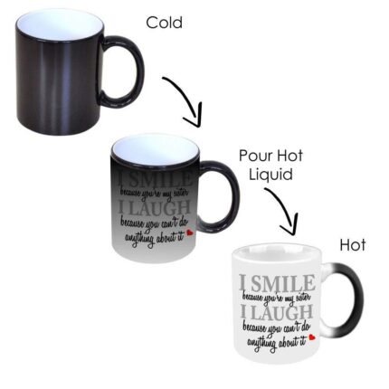 YaYa Cafe Birthday Bhaidooj Gift Combo for Sister Funny Teasing I Smile I Laugh Magic Mug with 5 Dairy Milk Chocolates, Coaster Set of 2 - Image 3