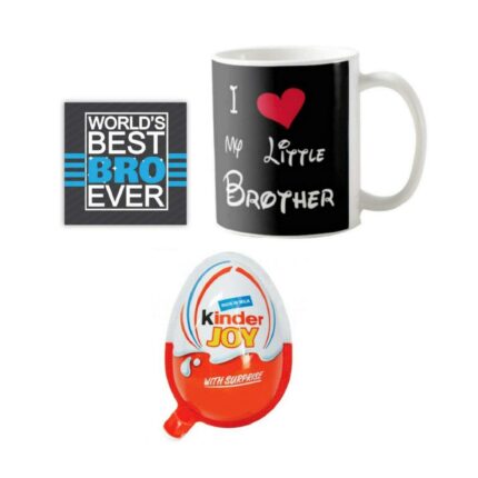 YaYa Cafe Birthday Chocolates Gift Combo for Kid Brother I Love Little Brother Mug, Coaster, Kinder Joy-Boy Gift Combo of 3 Birthday - Image 1