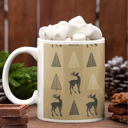 YaYa Cafe Christmas Gifts Reindeer Coffee Mug, 330 ml with Coaster (Beige) - Image 1
