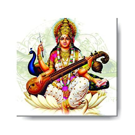 Yaya Cafe™ 12x12 inches Goddess Saraswati with Peacock Idol Modern Art Wall Hanging Paintings Canvas Photoframe - Image 1