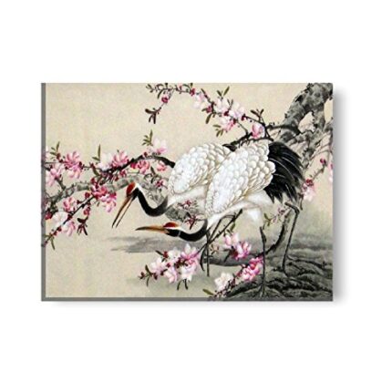 Yaya Cafe 12x18 inches Cranes Plum Blossoms Welcoming The Spring Feng Shui Canvas Wall Hangings for Home Decor - Image 1