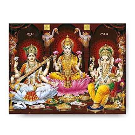Yaya Cafe™ 12x18 inches Holy Laxmi Ganesh Saraswati Idol Modern Art Wall Hanging Poster Paintings Canvas Photoframe - Image 1
