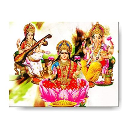 Yaya Cafe™ 9x12 inches Invincible Laxmi Ganesh Saraswati Idol Modern Art Wall Hanging Paintings Canvas Photoframe - Image 1